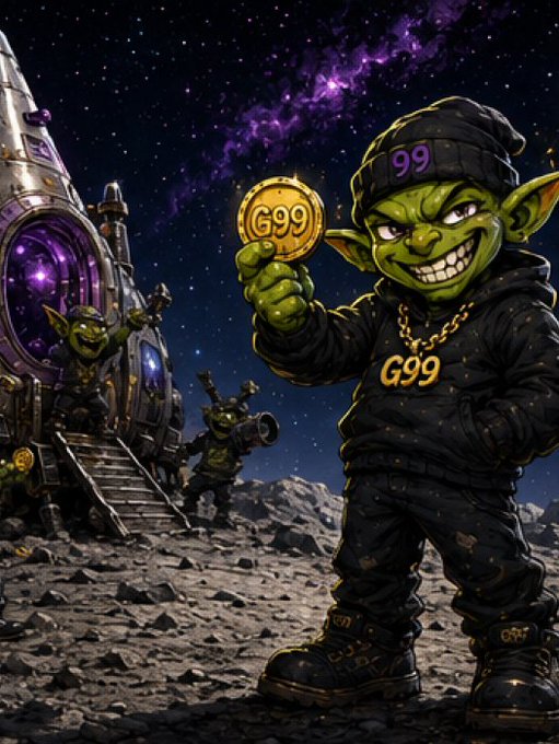 A grinning green goblin wearing a beanie labeled "99" and a "G99" gold chain holds up a glowing "G99" coin, with other goblins emerging from a rocket ship on a lunar landscape, visually embodying the chaotic, meme-driven "Goblin99" persona advertised in the post.