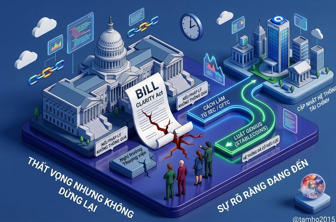 An isometric 3D illustration depicts the US Capitol building alongside skyscrapers, a broken 'BILL CLARITY ACT' document, and various text boxes in Vietnamese discussing stablecoins and crypto regulations.