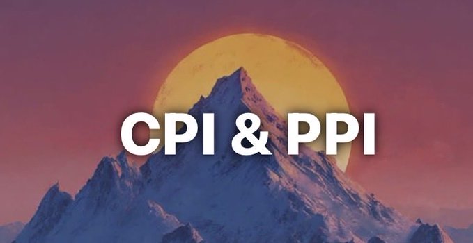 A mountain peak silhouetted against a large yellow moon with the text "CPI & PPI" in white.