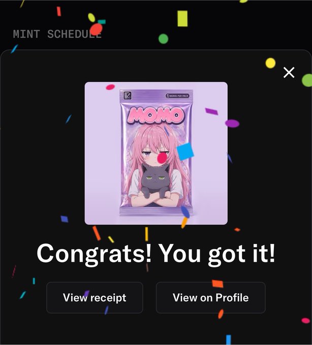 A 'Congrats! You got it!' notification screen on a platform called 'MINT SCHEDULE' displays a purple card pack labeled 'MOMO' featuring an anime-style character with pink hair holding a black cat, with options to 'View receipt' or 'View on Profile'.