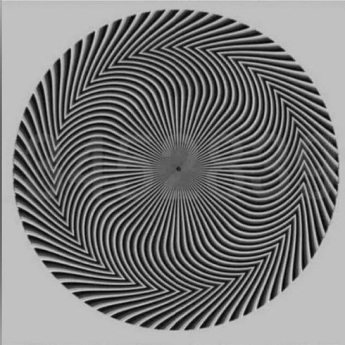 A black-and-white optical illusion featuring a circular pattern with radiating zigzag lines that creates a spinning visual effect.
