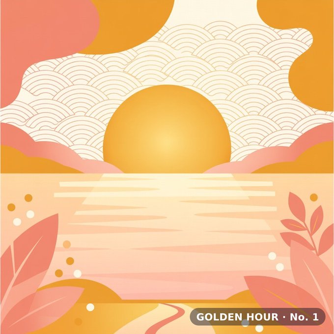 A stylized digital illustration titled 'GOLDEN HOUR · No. 1' depicting a yellow sun setting over water, framed by orange clouds and pink leaves in a Japanese-inspired art style.