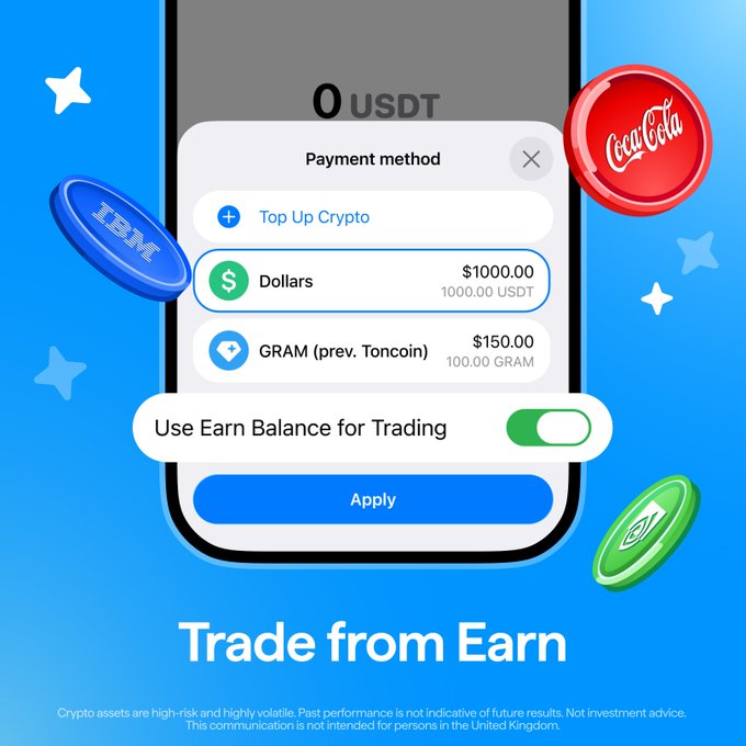 A Telegram cryptocurrency wallet interface showing a balance of 0 USDT with payment method options including Top Up Crypto, Dollars ($1000.00), and GRAM (prev. Toncoin) at $150.00, with a 'Trade from Earn' promotion and floating IBM, Coca-Cola, and another crypto coin graphics.