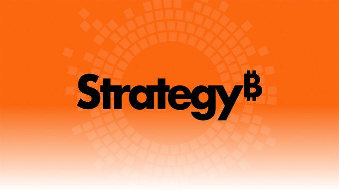 The 'Strategy' logo with a Bitcoin symbol replacing the final letter, set against an orange background with a circular pattern.