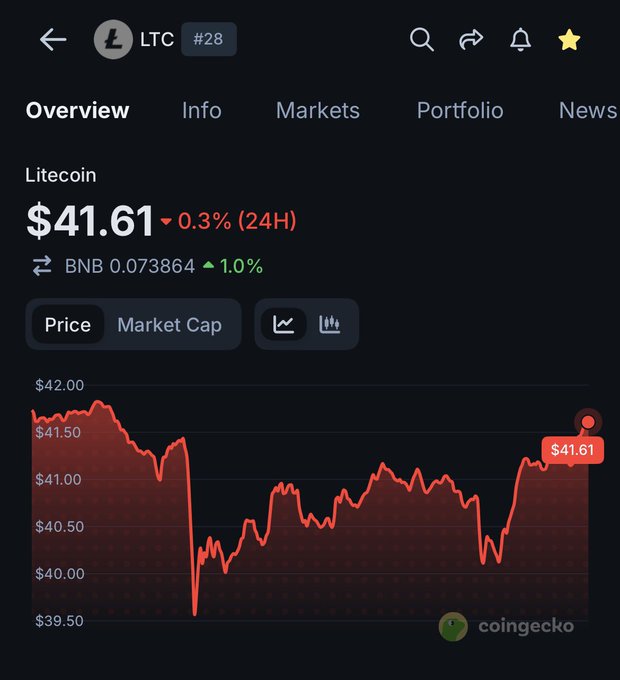 A CoinGecko price chart showing Litecoin (LTC) at $41.61, down 0.3% in the last 24 hours, with the price fluctuating between roughly $39.50 and $42.00 on a red downward-trending graph—visually supporting the post's message about accumulating LTC during the bear market.