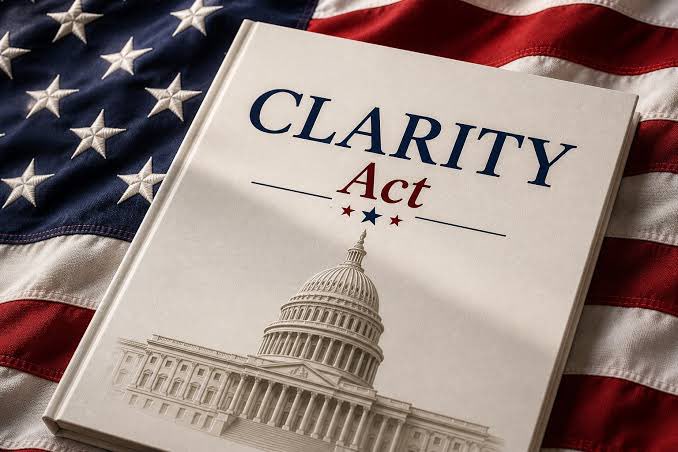 A book titled "CLARITY Act" rests on an American flag, featuring an illustration of the U.S. Capitol building and decorative stars on its cover. The image visually emphasizes the legislative delay referenced in the post, symbolizing the stalled progress on the Clarity Act in the Senate after 80 days.