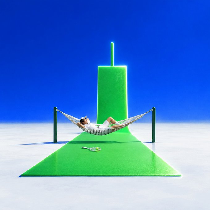 A woman relaxes in a hammock over a giant green GME candlestick set against a blue background, with a tennis racket resting nearby—playfully illustrating the "let it climb, I'm resting GM" sentiment of patiently holding through a stock's climb.