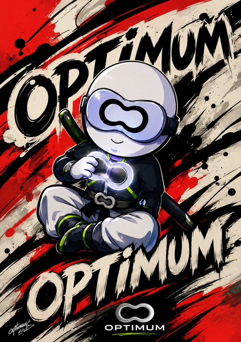A poster featuring a white robot-like mascot wearing VR goggles with the word 'OPTIMUM' in bold text against a red and black brushstroke background.