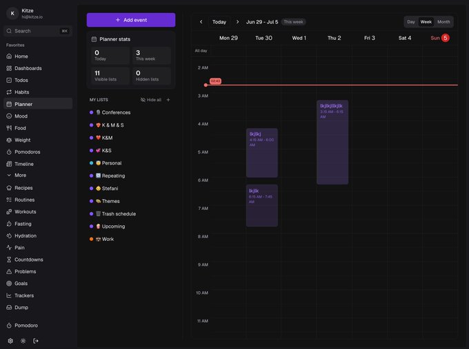 The image shows a digital planner interface called "Kitze" with a weekly calendar view spanning Mon 29 - Sun 5, featuring several purple "ik jik jik" placeholder events scheduled across Tuesday and Thursday. The interface displays navigation options including Home, Dashboards, Todos, Habits, and various lists like K&M, K&S, Personal, and Work, but contains no actual content related to AI tools, GPT models, or sub-agents mentioned in the post—suggesting the image may not directly correspond to the post's topic about AI research and execution workflows.