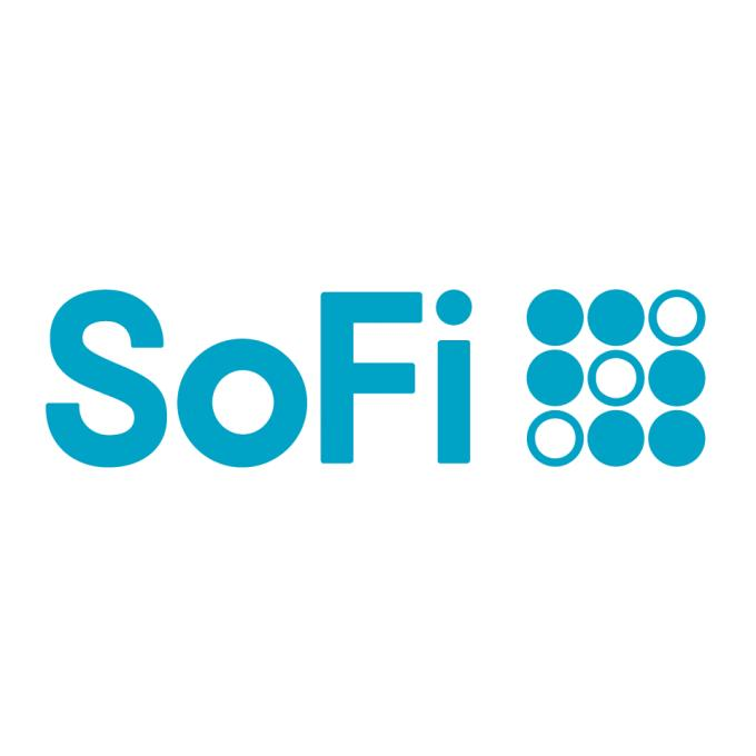 A clean turquoise “SoFi” logo appears on a white background, with a dotted square icon to the right of the wordmark.