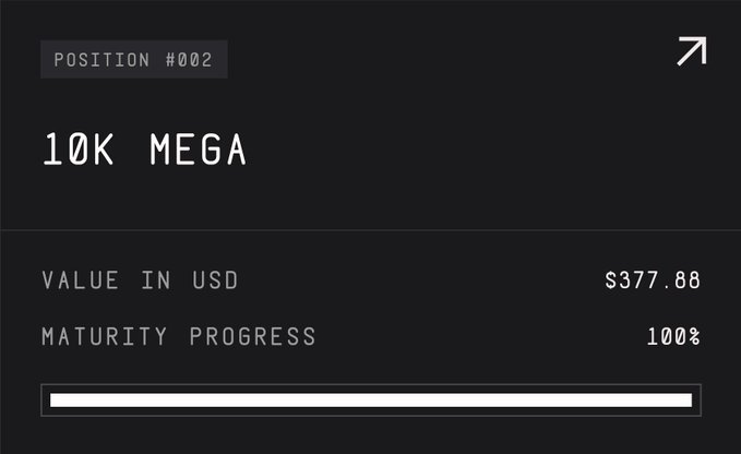 A dark-themed portfolio dashboard shows "POSITION #002" labeled "10K MEGA" with a value of $377.88 USD and maturity progress at 100%. The image illustrates the poster's complaint about their $MEGA holdings, highlighting the disappointing $377.88 valuation despite reaching full maturity.