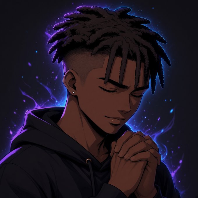 A digital illustration of a young Black man with dreadlocks, eyes closed and hands clasped in prayer, surrounded by glowing purple aura effects against a dark background.