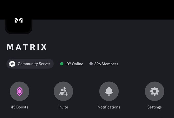 A dark-themed digital interface for a 'MATRIX' Community Server showing '109 Online' and '396 Members', with buttons for '45 Boosts', 'Invite', 'Notifications', and 'Settings'.