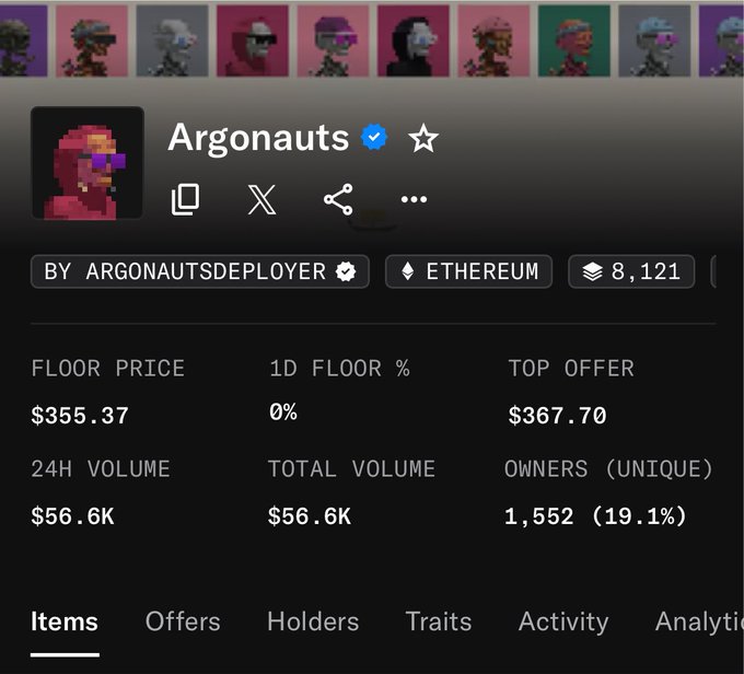 An OpenSea-style NFT collection page for 'Argonauts' on the Ethereum blockchain, showing a floor price of $355.37, 24H volume of $56.6K, and 1,552 unique owners.