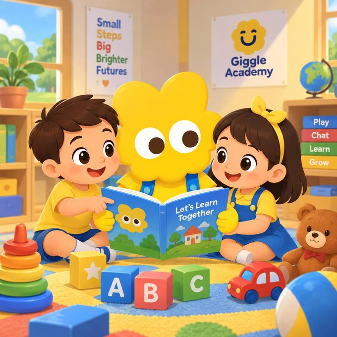 A colorful cartoon illustration of two children reading 'Let's Learn Together' with a yellow flower mascot at 'Giggle Academy', featuring the text 'Small Steps Big Brighter Futures' and 'Play, Chat, Learn, Grow'.