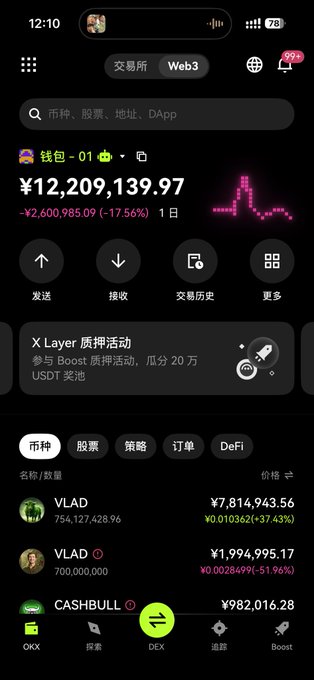 A mobile Web3 wallet interface in Chinese showing a portfolio value of ¥12,209,139.97 (-17.56%), with holdings in tokens VLAD, VLAD, and CASHBULL.