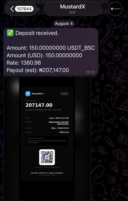 A Telegram screenshot showing the MustardX bot confirming a deposit of 150 USDT_BSC converted at a rate of 1380.98 for an estimated ₦207,147.00 payout, with the receipt below displaying the same ₦207,147.00 payout, receipt number ABDULKADIR OPEMEYI ABDULRAQOQ, and OlPay transaction #7069173376 to illustrate the user's positive experience cashing out dollars to naira.