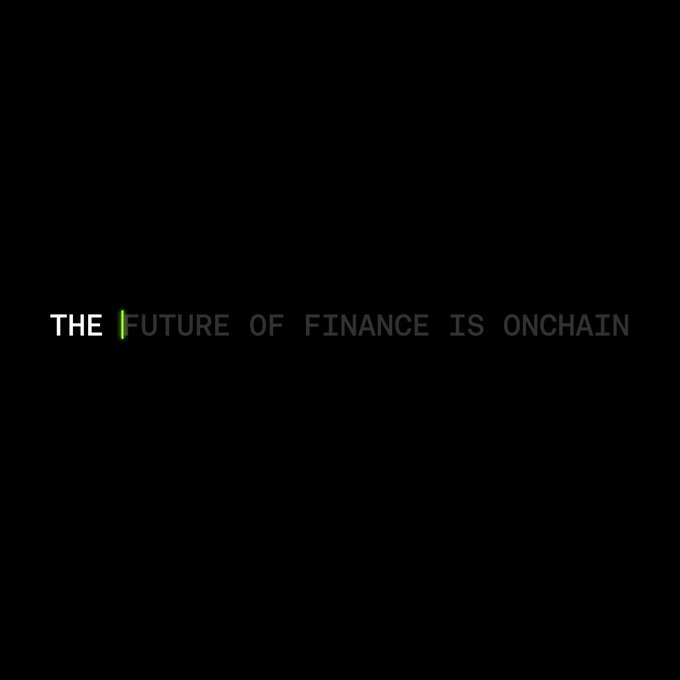 A bold, minimalist black image displays the white and gray text "THE | FUTURE OF FINANCE IS ONCHAIN" with a green vertical accent bar separating "THE" from "FUTURE." The message visually echoes the post's call to "Rewrite. The. System." by declaring an onchain financial transformation.