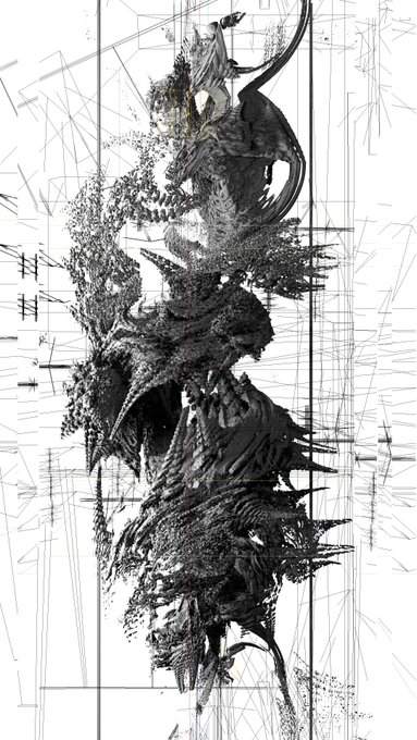 An abstract black-and-white digital artwork featuring a complex, textured vertical form resembling tangled thorns or fibrous growth, set against a background of thin geometric lines.