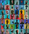 A grid collage of many small, colorful portraits of diverse individuals, primarily featuring Black subjects against solid, vibrant backgrounds.