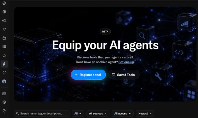 The image shows a dark-themed interface with a "BETA" banner above the heading "Equip your AI agents" and the tagline "Discover tools that your agents can call." Prominent buttons read "+ Register a tool" and "♥ Saved Tools," with search and filter options at the bottom labeled "Search name, tag, or description...," "All," "All sources," "All access," and "Newest."

This directly illustrates the post's announcement of OpenSea's new beta "Equip your AI agents" tools feature, highlighting the platform (opensea.io/tools) where users like Freaks can register and access AI agent tools such as Freak Pulse, Wallet Xray, and Mint Sniper.