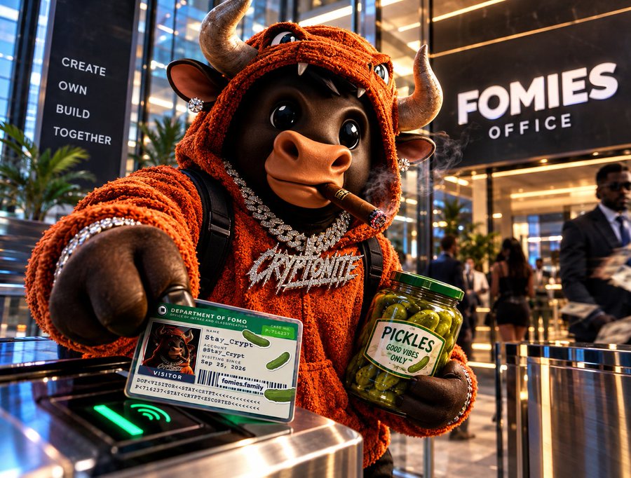 An AI-generated image of a bull character wearing an orange hoodie labeled 'CRYPTONITE', holding a visitor ID card, a jar of pickles, and smoking a cigar, standing in front of a building marked 'FOMIES OFFICE'.