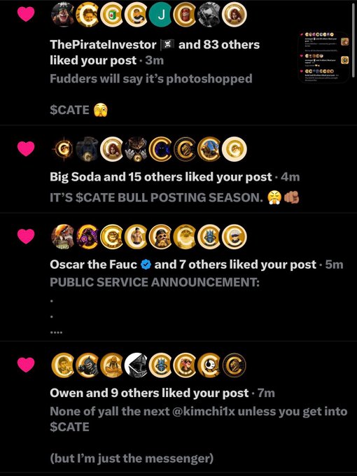A screenshot of Instagram notifications shows several users—including ThePirateInvestor (84 likes), Big Soda (16 likes), Oscar the Fauc (8 likes), and Owen (10 likes)—engaging with a post about $CATE, with comments joking that "Fudders will say it's photoshopped" and urging others to buy at @kimchix's next $CATE stream, reinforcing the accompanying post's claim that $CATE is a major front-running opportunity for the upcoming 2027–2028 onchain bullrun.