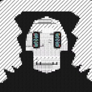 A pixel art image of a white skull with colorful eyes against a black and white striped background.