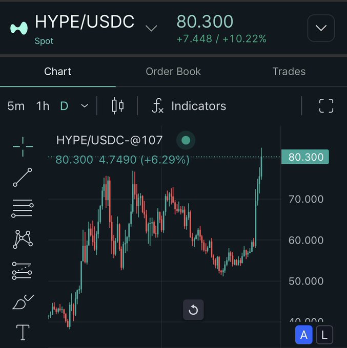 A trading chart screenshot for the HYPE/USDC spot pair showing a price of 80.300, up +7.448 (+10.22%), with a candlestick chart displaying price action on a daily timeframe.