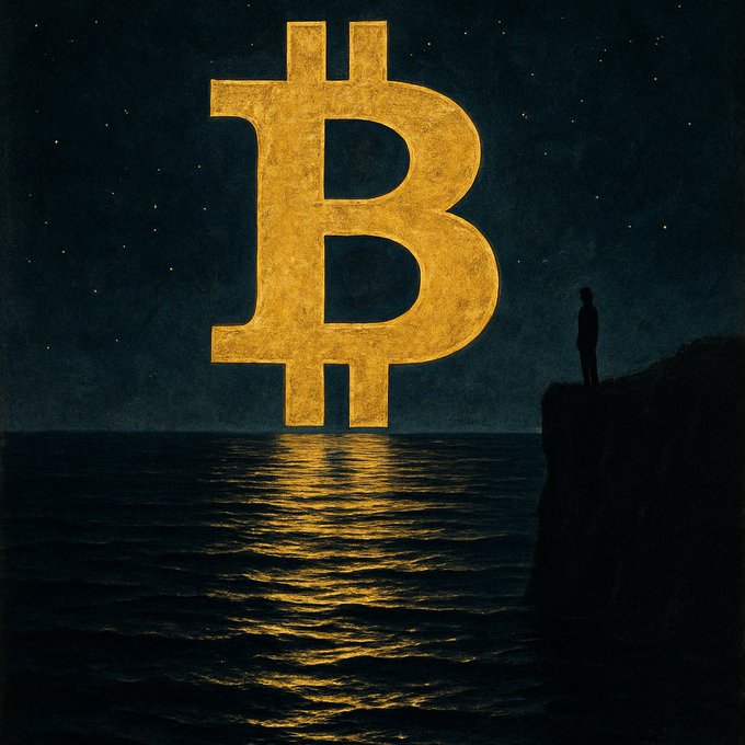 An artistic illustration depicts a large glowing gold Bitcoin symbol rising over a dark ocean, with a silhouetted figure standing on a cliff gazing out at it under a starry night sky.