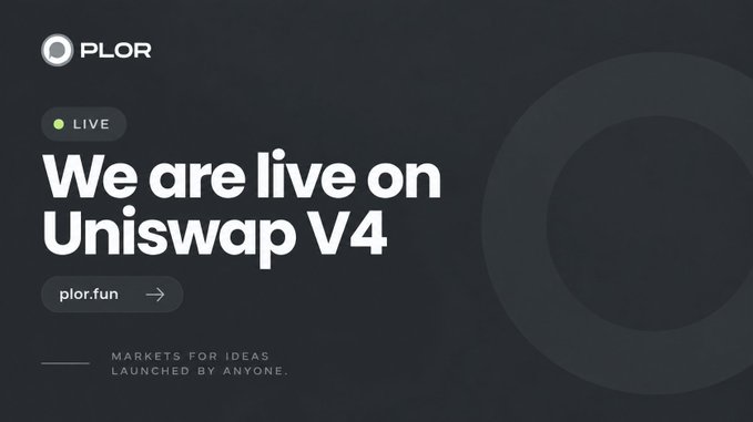 Promotional graphic with the PLOR logo announcing 'We are live on Uniswap V4' with the tagline 'MARKETS FOR IDEAS LAUNCHED BY ANYONE.' and a link to plor.fun.