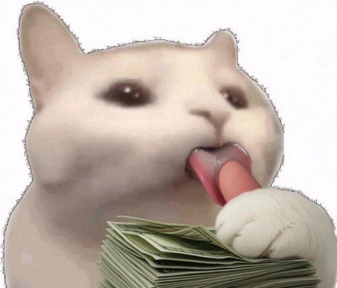A white cat with its tongue out is greedily licking its paw while clutching a stack of cash, symbolizing the hope of turning a small investment into massive profits referenced in the post asking for a ticker to multiply 1 SOL into 100,000.