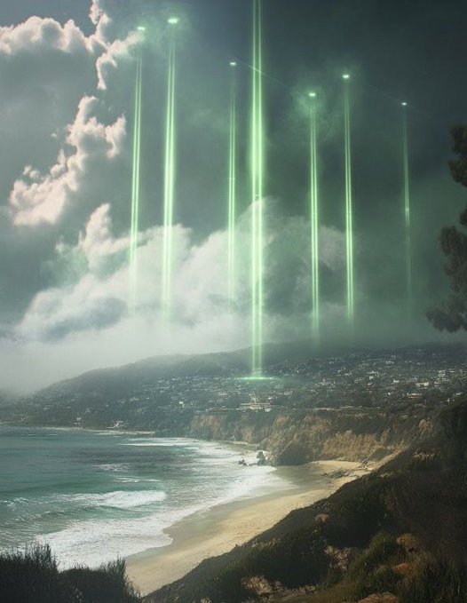 Eerie green laser beams descend from a cloudy sky onto a coastal cliffside town, evoking the post's metaphor of "green candles" from financial charts as ominous, destined markers.

The image visually translates the caption's stock-market language by depicting the green "candles" as literal beams of light striking the earth like a fated message, reinforcing the message to remain steadfast for one's breakthrough moment.