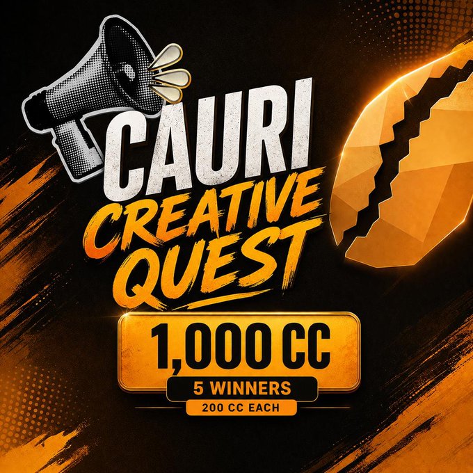 A promotional graphic for the "Cauri Creative Quest" contest features a megaphone and cracked gold coin design, announcing a prize pool of 1,000 CC split among 5 winners (200 CC each) for meme and graphic creators using #CauriCreativeQuest. The orange and black design visually reinforces the contest's launch, with the prize details prominently displayed to attract creative participants.
