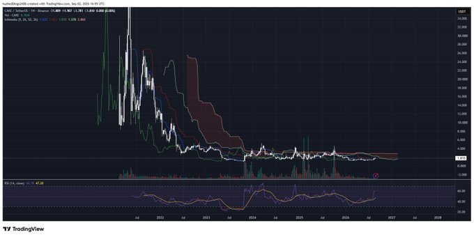 A TradingView stock chart showing a dramatic price decline from highs around 24,000 down to approximately 1.13, with the ticker 'CAKE / TetherUS' visible at the top, spanning from 2021 to 2028.