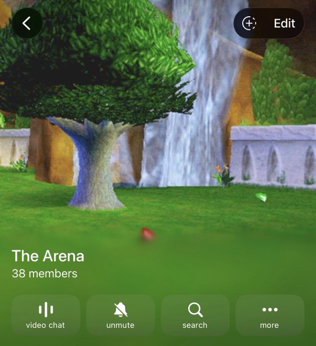 A screenshot of a Clubhouse group called "The Arena" with 38 members, featuring a video game-style backdrop of a tree and waterfall, serving as a visual reference to the user's post about opening an invite-only group for like-minded people in a bull cycle.