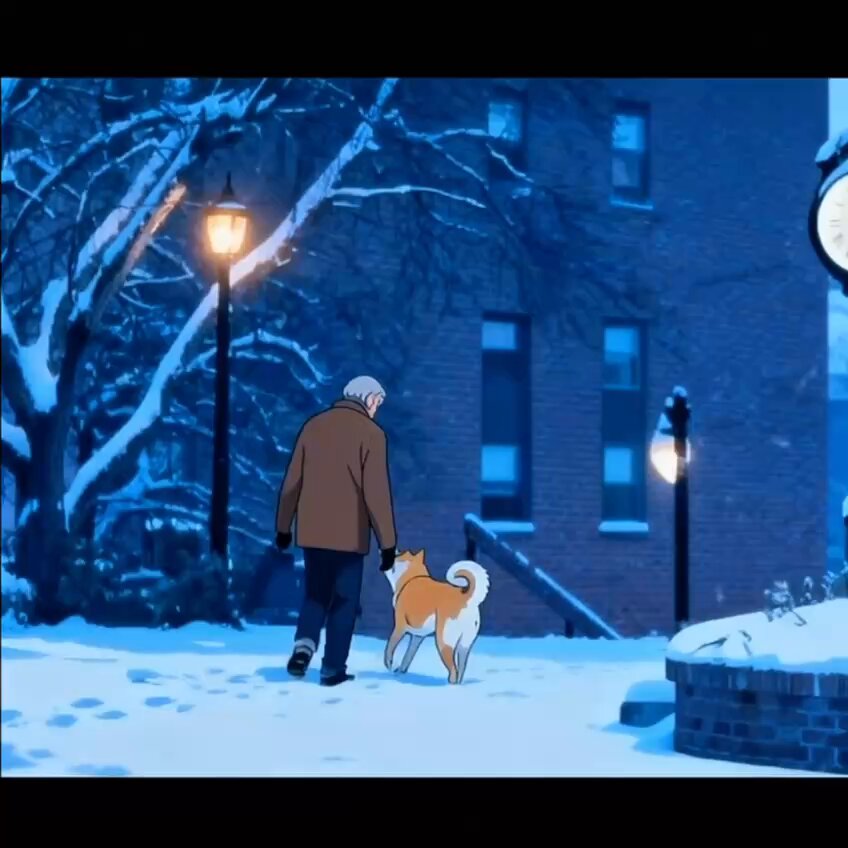 The image shows a man walking his dog down a snowy street, with snowflakes falling around them. The scene takes place at night, adding an element of mystery to the atmosphere. In the background, there are buildings lit up by street lamps, creating a warm and inviting ambiance despite the cold weather.