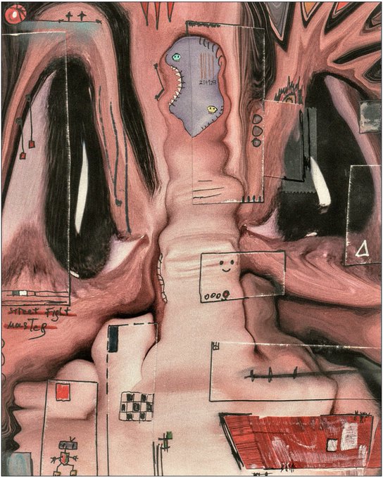 A surreal, grotesque painting in pink and black tones depicting a distorted face with large eyes and geometric shapes, with the text 'Street Fight Master' visible.