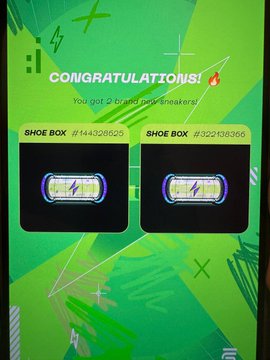 The image shows a "CONGRATULATIONS!" screen celebrating obtaining two pairs of sneakers, with "SHOE BOX #144320529" and "SHOE BOX #322435369" displayed in black frames against a green background. The "x2 #STEPNGO" caption aligns with the image, as it references the double pair (x2) of digital sneakers obtained in the StepN Go sneaker box collection.