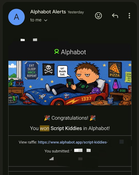 An email notification from 'Alphabot Alerts' congratulating the recipient for winning a 'Script Kiddies' NFT raffle, featuring a pixel art image of a person on a car-shaped bed.