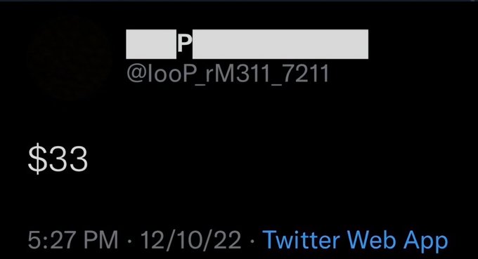 A screenshot of a tweet from @looP_rM311_7211 posted on 12/10/22 at 5:27 PM via Twitter Web App, displaying "$33" as the tweet's content. The image supports the accompanying post "TP $33 Checkmate" by showing the $33 target price being referenced.