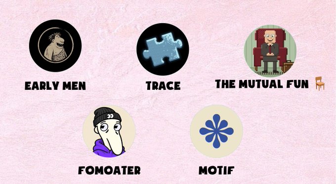The image displays five circular logos for NFT collections—"EARLY MEN," "TRACE," "THE MUTUAL FUN," "FOMOATER," and "MOTIF"—arranged on a pink background, visually representing the whitelist opportunities mentioned in the accompanying post.