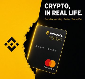 An advertisement for the Binance Virtual Mastercard, with the text 'CRYPTO, IN REAL LIFE.' and 'Everyday spending · Online · Tap-to-Pay' against a split yellow and black background.