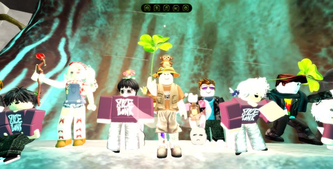 A group of Roblox avatars standing together in a virtual environment, holding signs that read 'DZCP BANK' and wearing various accessories including a large green leaf and a mushroom hat.