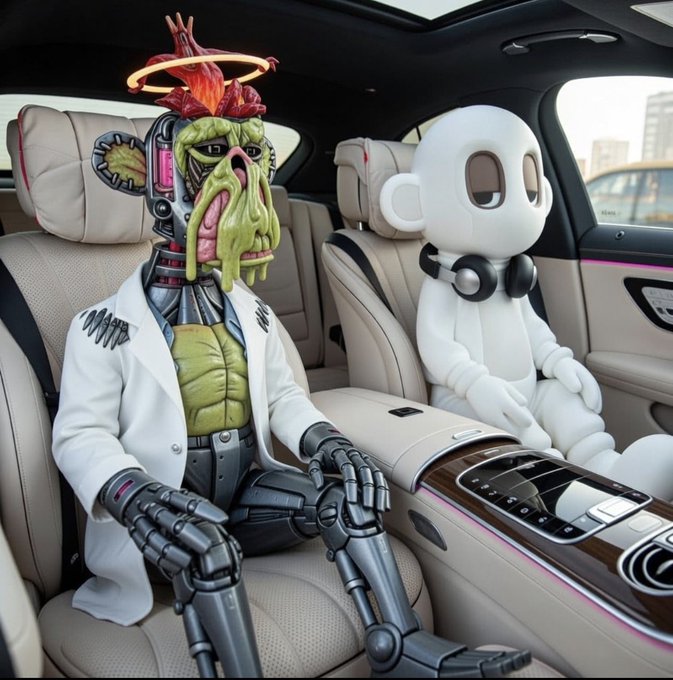 Two surreal figures sit in the back of a luxury car: a green-skinned humanoid in a white lab coat with exposed robotic mechanics, and a glossy white robot-like character wearing headphones.