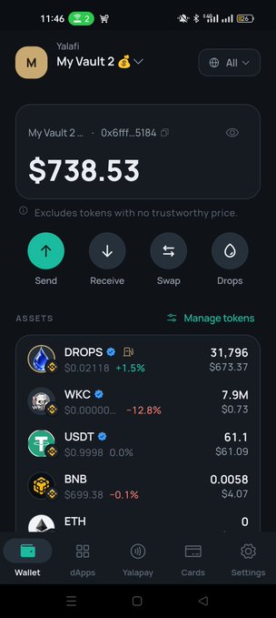The image shows the Yalafi Wallet interface displaying "My Vault 2" with a balance of $738.53, featuring tokens including DROPS ($31.796), WKC (7.9M), USDT (61.1), BNB (0.0058), and ETH (0). The wallet screenshot serves as a visual showcase of the newly launched Yalafi Wallet on the Play Store, highlighting its features like Send, Receive, Swap, and Drops functionality for the Drop Social ecosystem community.