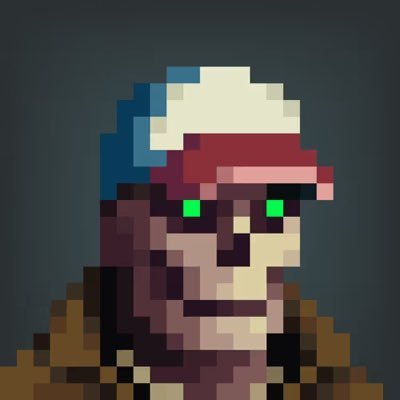 A pixel art portrait of a man with a brown beard, green eyes, wearing a red and white cap and a brown jacket against a dark blue background.