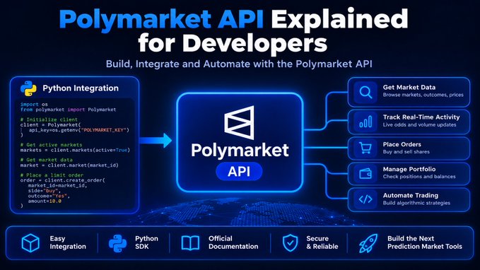 An infographic titled 'Polymarket API Explained for Developers,' detailing Python integration features including market data retrieval, real-time activity tracking, place orders, portfolio management, and automated trading.