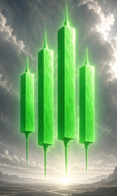 A digital artwork showing four tall, glowing green monolithic towers floating above a barren landscape under a cloudy sky, with sunlight breaking through at the horizon.