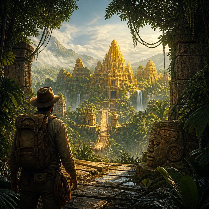 A digital artwork of an explorer with a backpack and hat viewing an ancient golden temple complex in a lush jungle, with a stone carved head sculpture in the foreground.